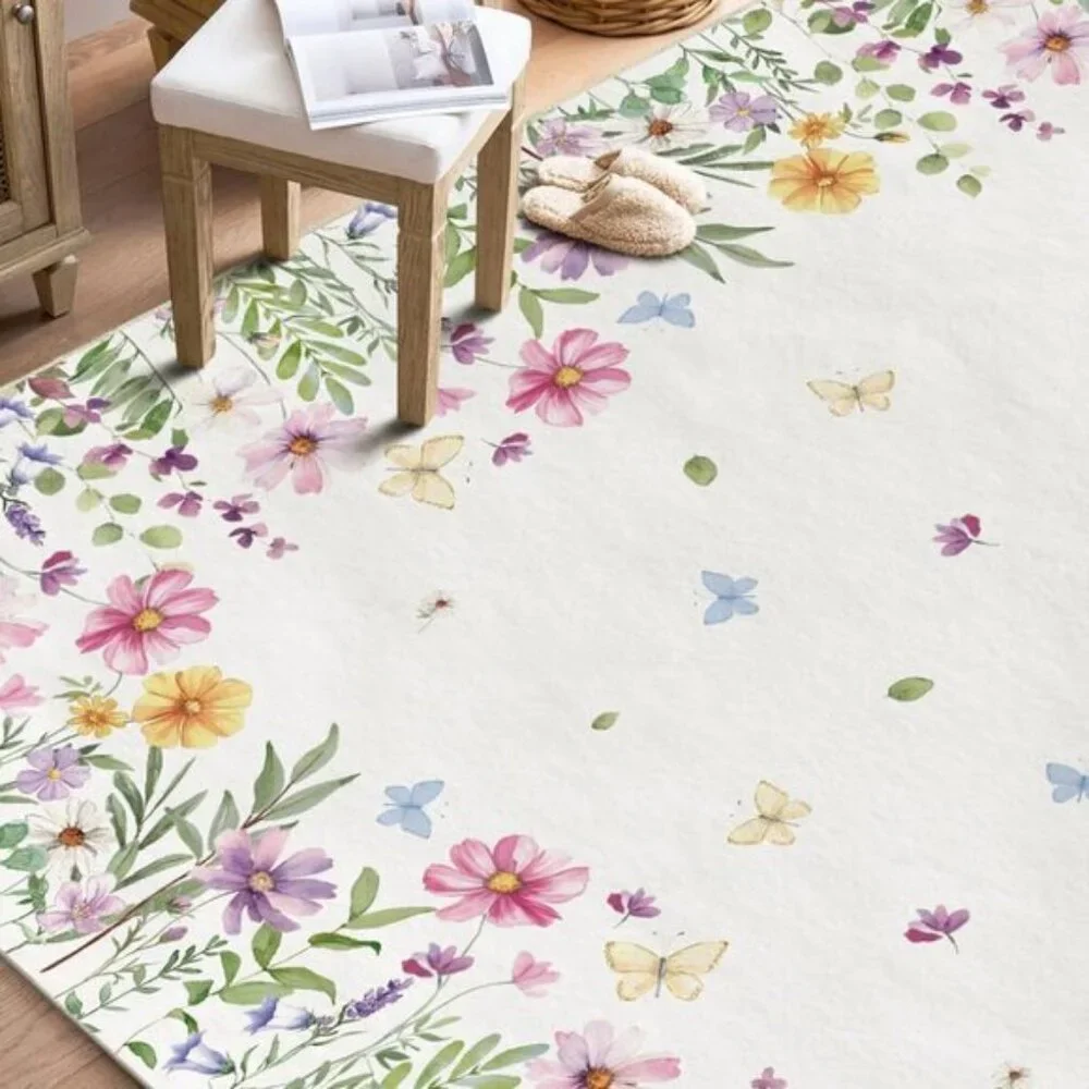 New 5x7 Spring Area Rug, Low-Profile Floral Butterfly Carpet for Entry & Bedroom